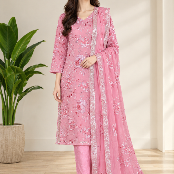 Pink- 3 Piece Premium Crinkle Chiffon & Raw Silk Fancy Suit SKU-333