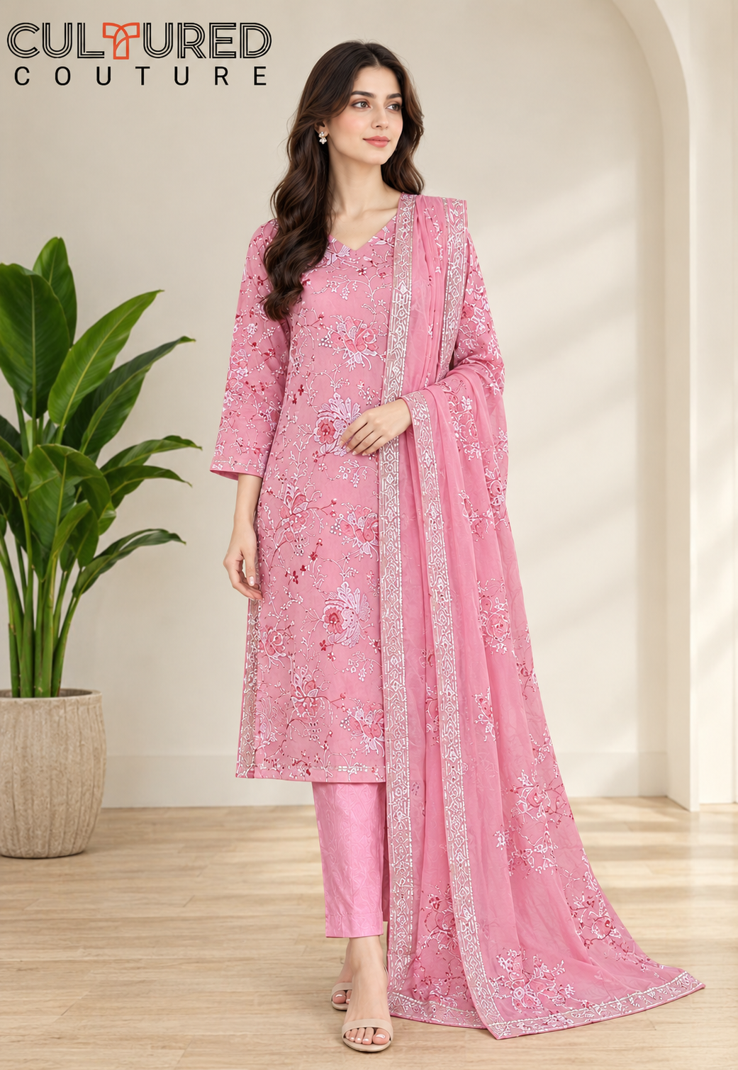 Pink Elegant Pink- 3 Piece Premium Crinkle Chiffon & Raw Silk Fancy Suit SKU-333 - Image 1