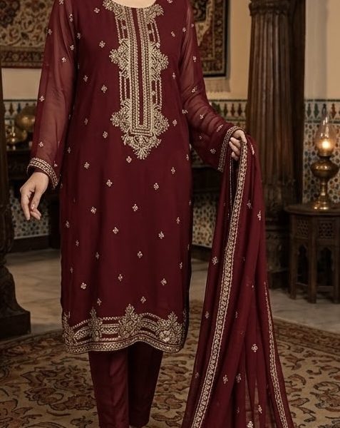 Royal Maroon- 3 Piece Premium Chiffon & Raw Silk - SKU 337
